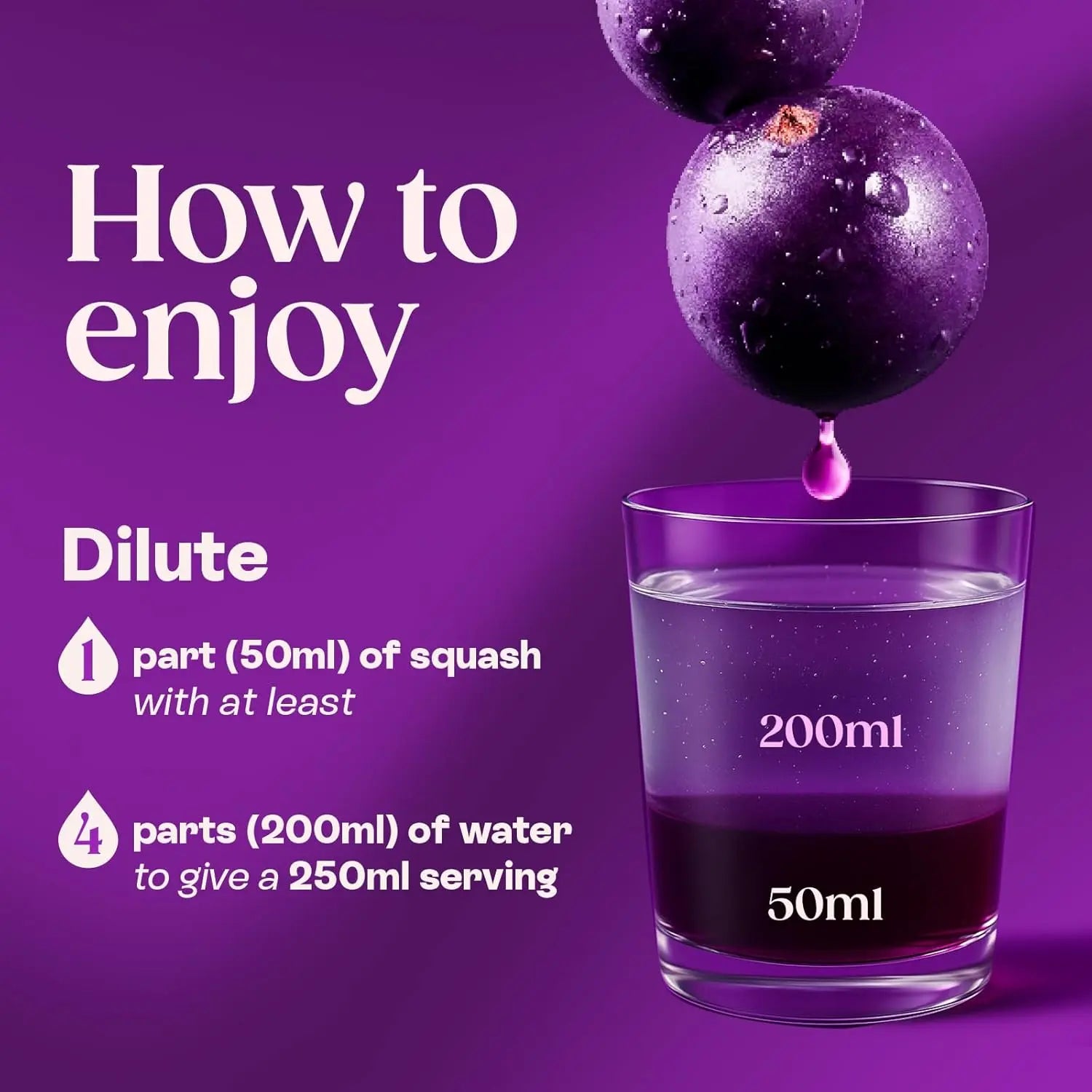 Glass of purple liquid with text on how to dilute it, against a purple background