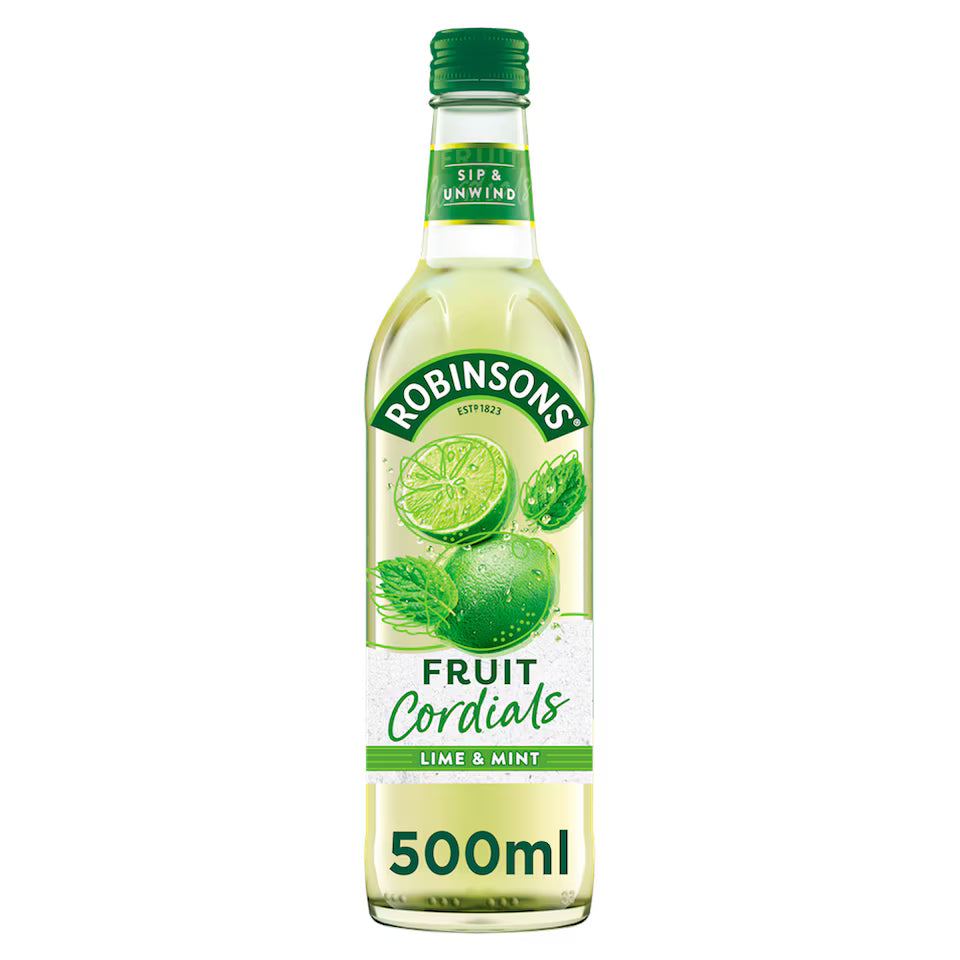 A 500ml bottle of Robinson's Fruit Cordials Lime & Mint on a solid white background.