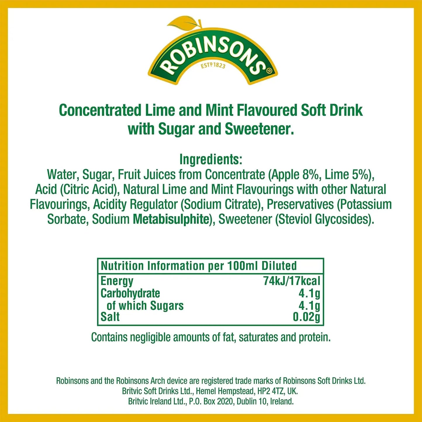 Front label of a Robinsons brand soft drink, showing the product name 'Concentrated Lime and Mint Flavoured Soft Drink with Sugar and Sweetener', ingredients list, a nutrition information panel, and branding on a white background with a yellow border.