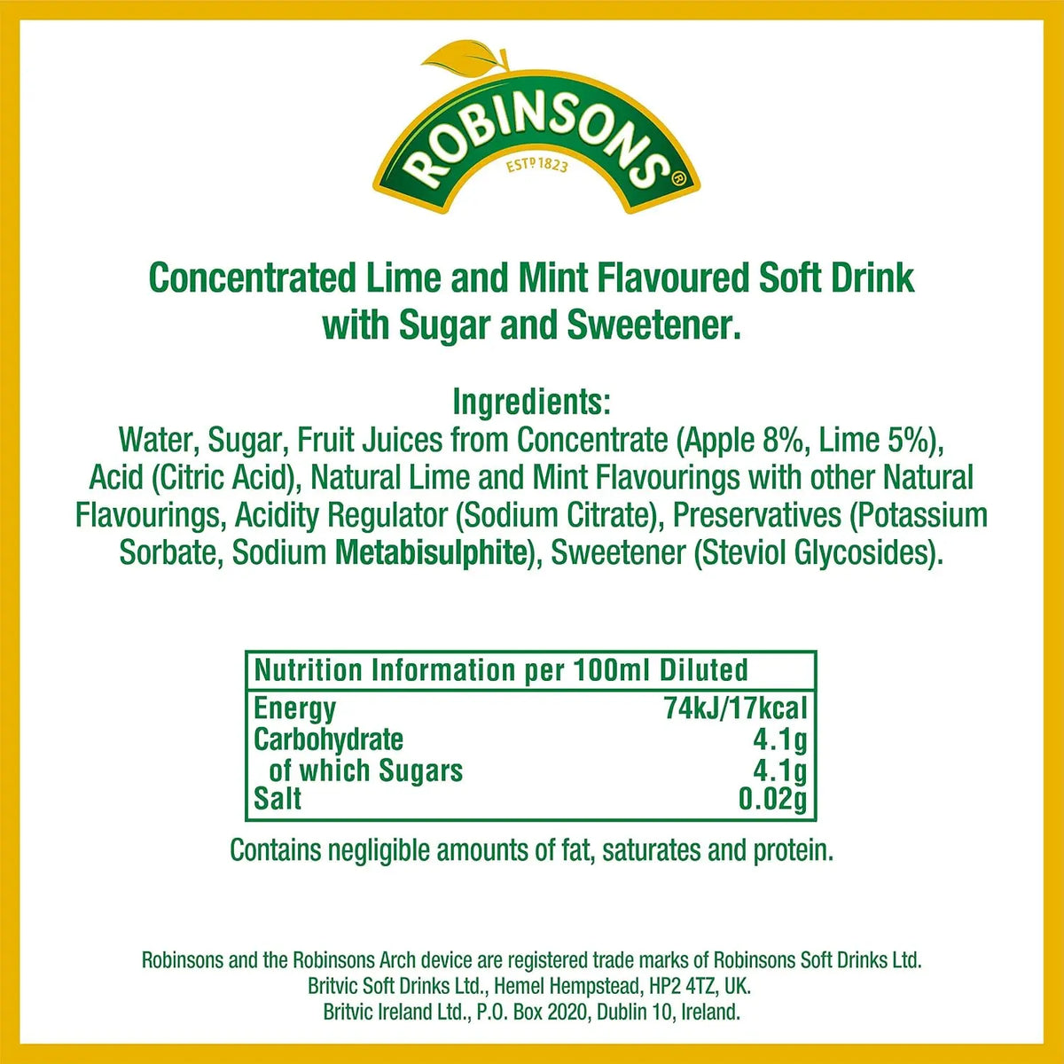Front label of a Robinsons brand soft drink, showing the product name 'Concentrated Lime and Mint Flavoured Soft Drink with Sugar and Sweetener', ingredients list, a nutrition information panel, and branding on a white background with a yellow border.