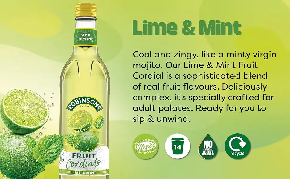 A bottle of Robinson's Lime & Mint Fruit Cordial shown on a bright green background with lime slices, mint leaves, and descriptive text about the flavor.