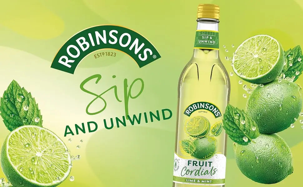 A bottle of Robinsons Sip and Unwind Fruit Cordials lime and mint flavor, set against a vibrant green background decorated with limes, mint leaves, and water droplets. The brand logo 'ROBINSONS' is prominently displayed at the top left.