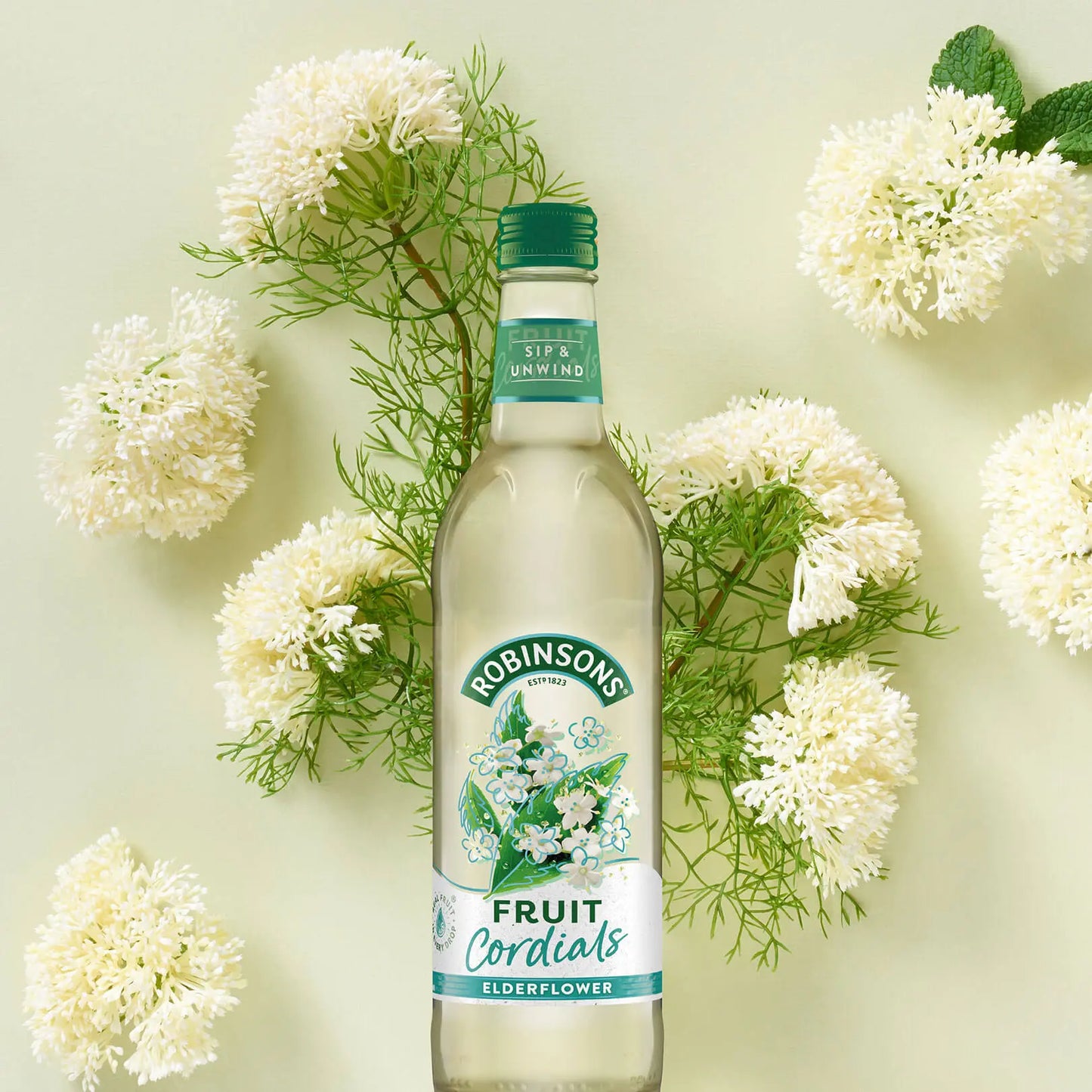 Bottle of Robinsons Elderflower Fruit Cordial surrounded by white flowers on a light green background