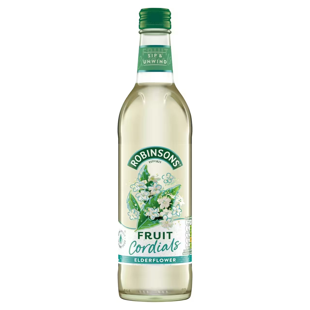 Bottle of Robinsons Elderflower Fruit Cordial on a white background