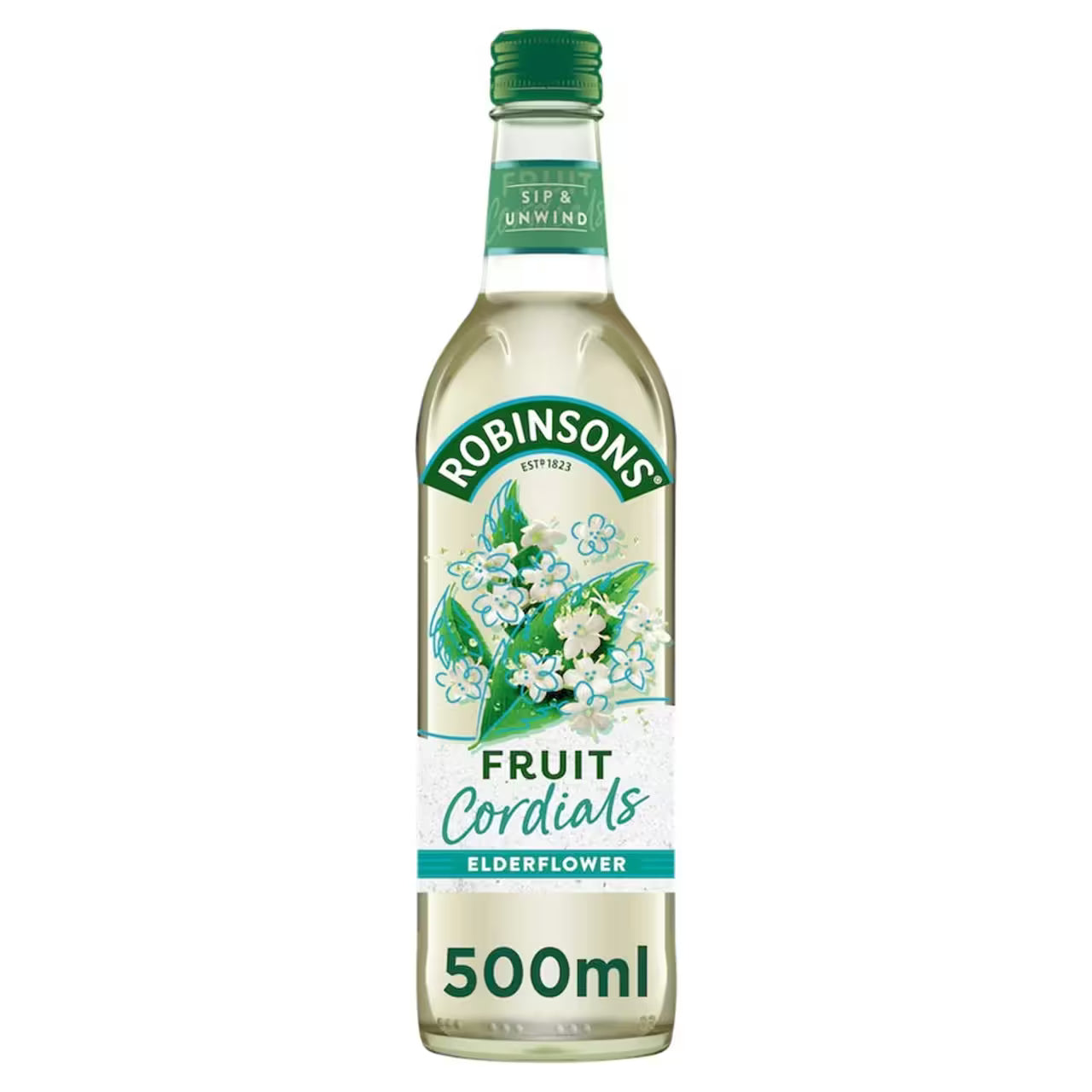 Bottle of Robinsons Elderflower Fruit Cordial on a white background