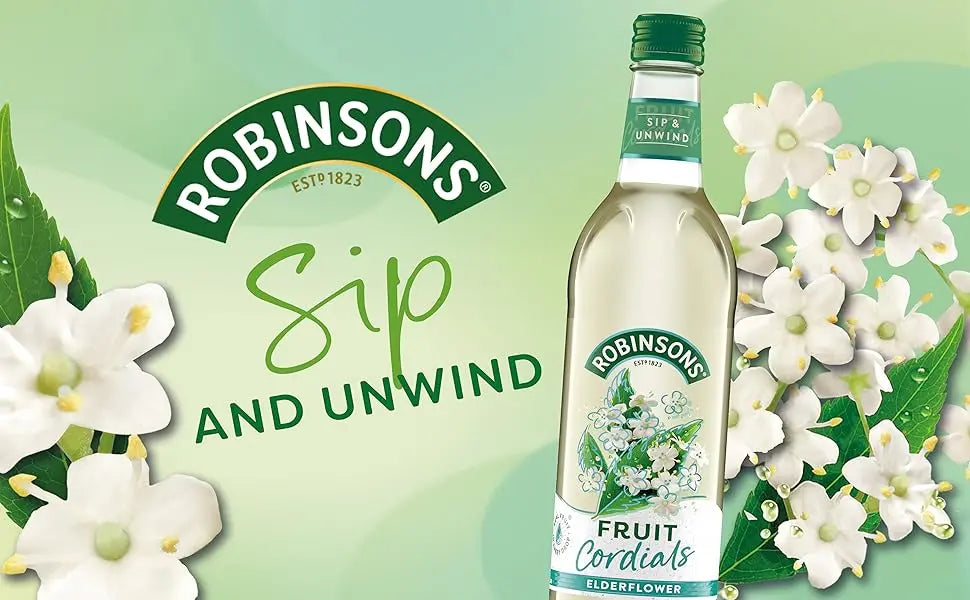Robinsons Fruit Cordials bottle with flowers on a green background