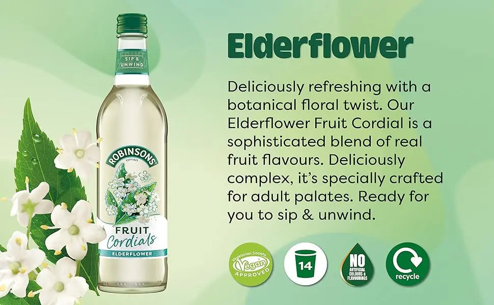 Bottle of Robinsons Elderflower Fruit Cordial with product description on a green background
