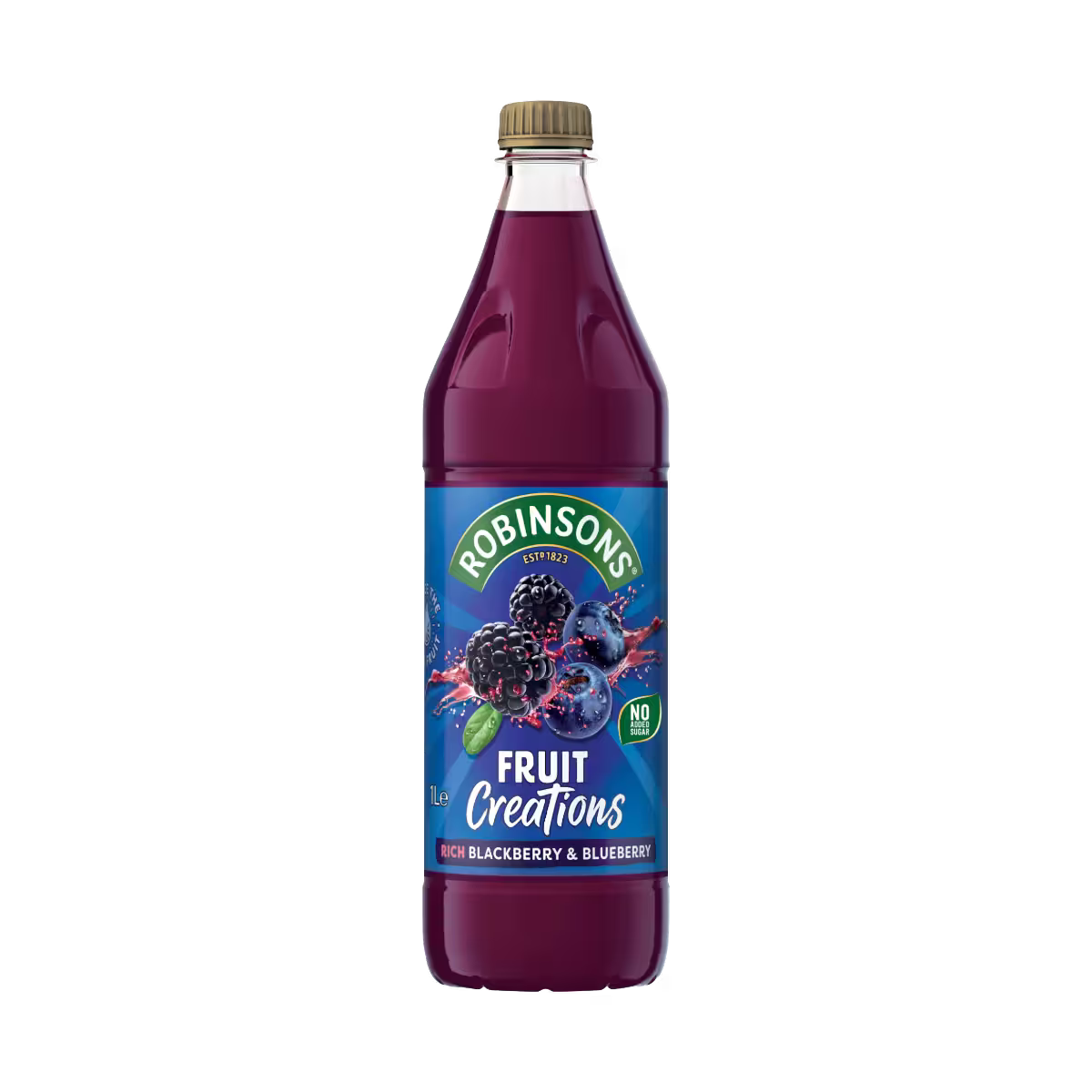 Bottle of Robinsons Fruit Creations Rich Blackberry & Blueberry juice on a white background