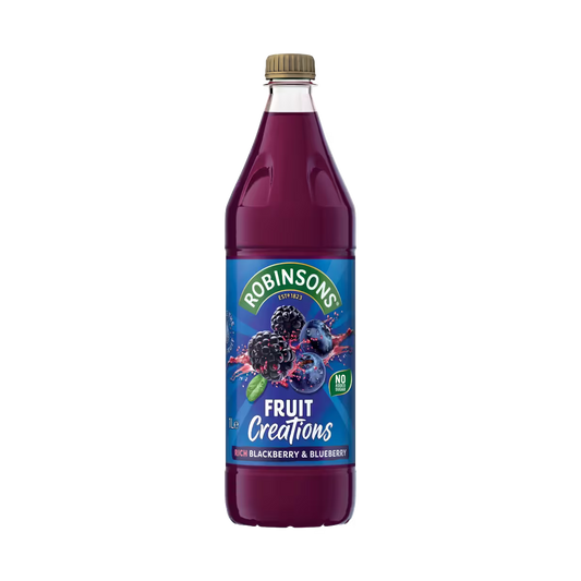 Bottle of Robinsons Fruit Creations Rich Blackberry & Blueberry juice on a white background