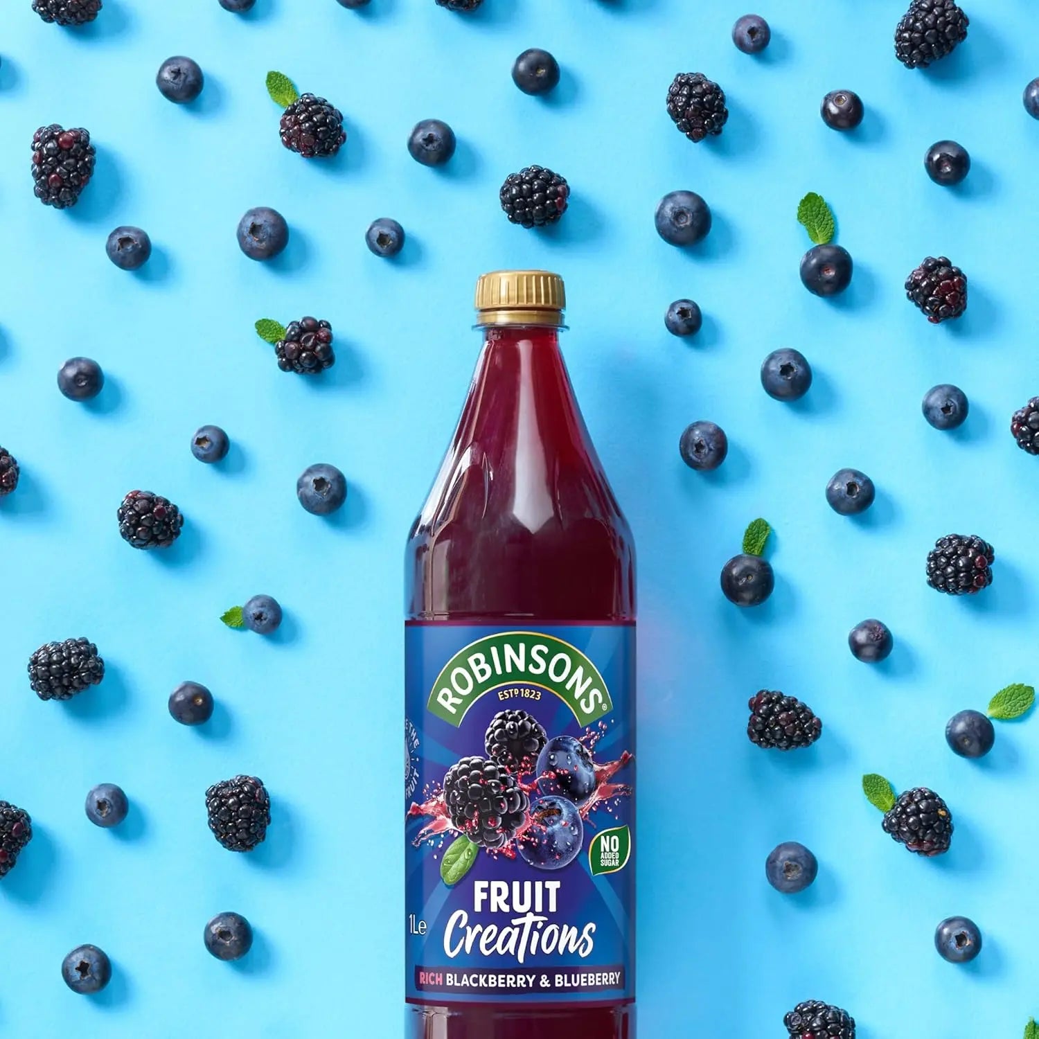 Robinsons Fruit Creations Rich Blackberry & Blueberry juice bottle surrounded by blackberries and blueberries on a blue background.