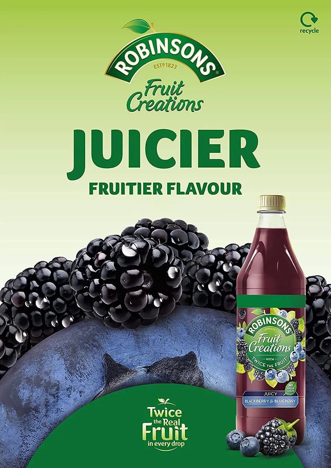 Robinsons Fruit Creations juice bottle with blackberries and blueberries on a green background