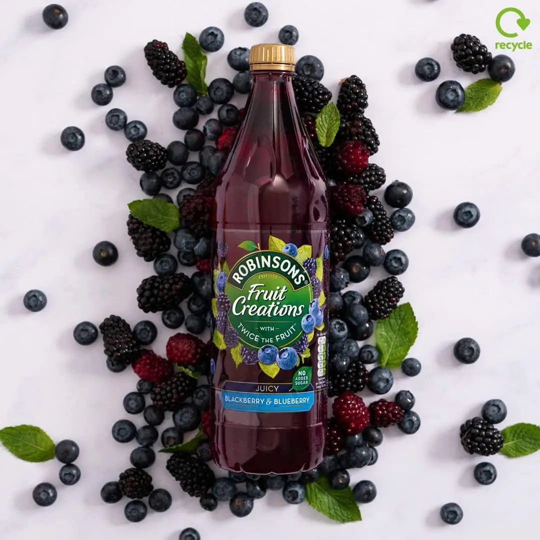 Robinsons Fruit Creations blackberry and blueberry juice bottle surrounded by berries on a white background