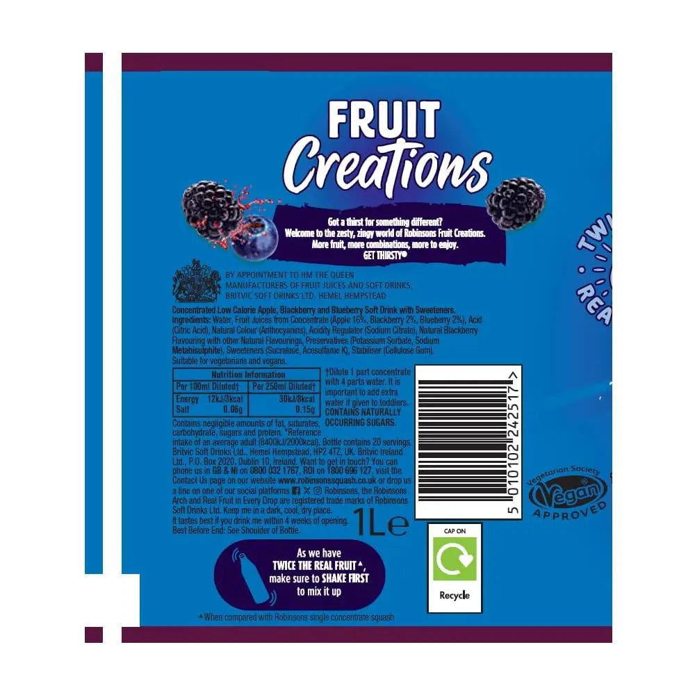 Back of a blue fruit creation package with text and graphics