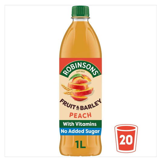 Robinsons Fruit & Barley Peach drink bottle with label on a white background