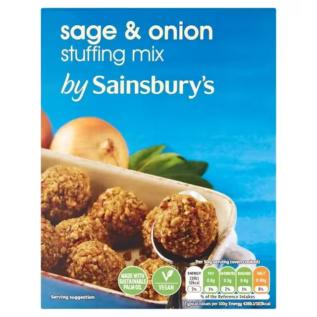 Front packaging of Sainsbury's sage & onion stuffing mix, showing a blue label with white text, a photo of stuffing balls, an onion, herbs, and a serving suggestion at the bottom.