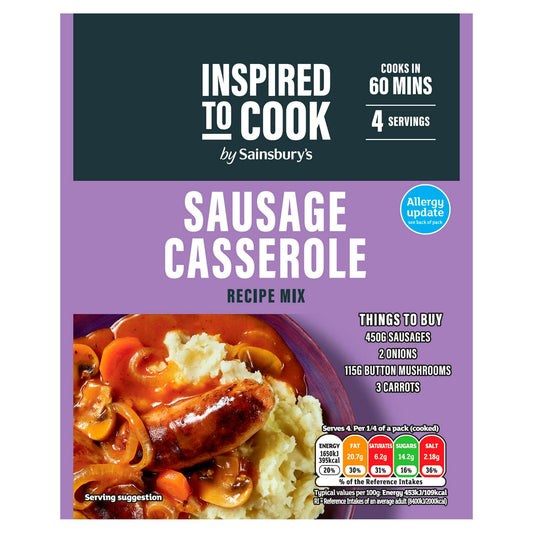 Sausage casserole recipe mix packaging with ingredients and nutritional information.