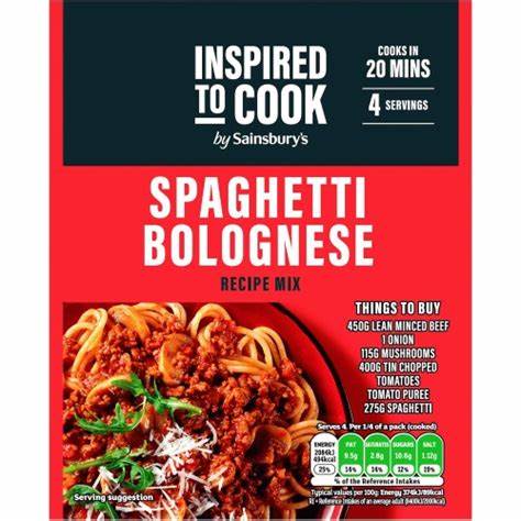 Spaghetti Bolognese recipe mix packaging with Sainsbury's branding.