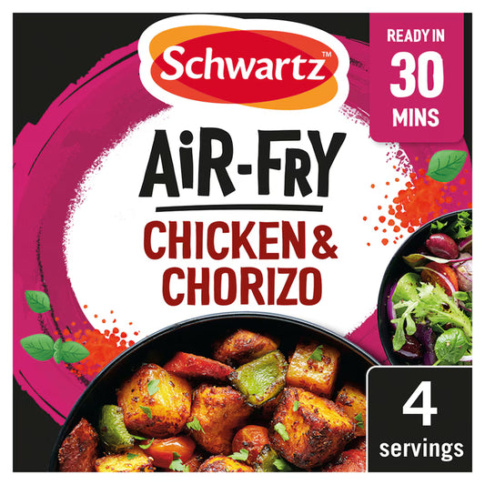 Schwartz Air-Fry Chicken & Chorizo packaging with a bowl of food and salad on a pink background.