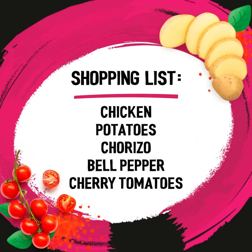 Shopping list for a dish with ingredients like chicken, potatoes, chorizo, bell pepper, and cherry tomatoes on a colorful background.