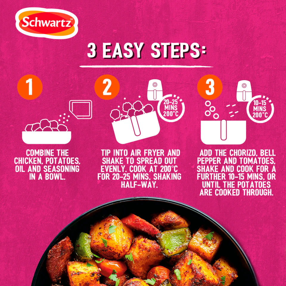 Schwartz air fryer recipe card with 3 easy steps on a pink background
