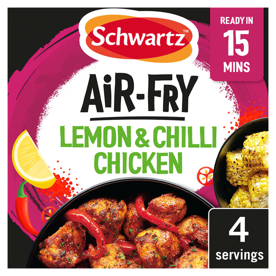 Schwartz Air-Fry Lemon & Chilli Chicken packaging with lemon, chili, and corn on a black background.