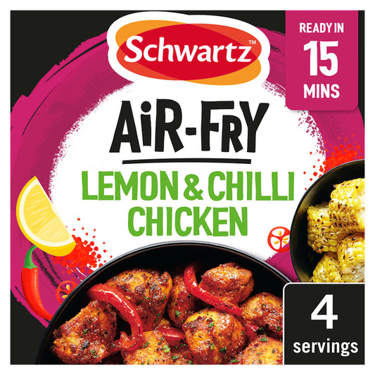 Schwartz Air-Fry Lemon & Chilli Chicken packaging with lemon, chili, and corn on a black background.