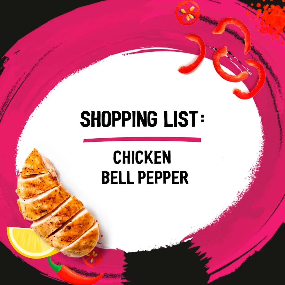 Shopping list for chicken and bell pepper with ingredients arranged around a pink circle.
