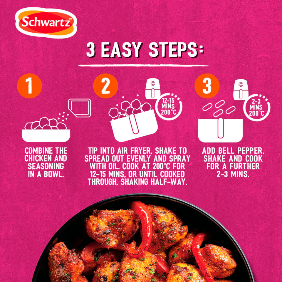 Schwartz air fryer cooking instructions with a pink background and chicken dish.