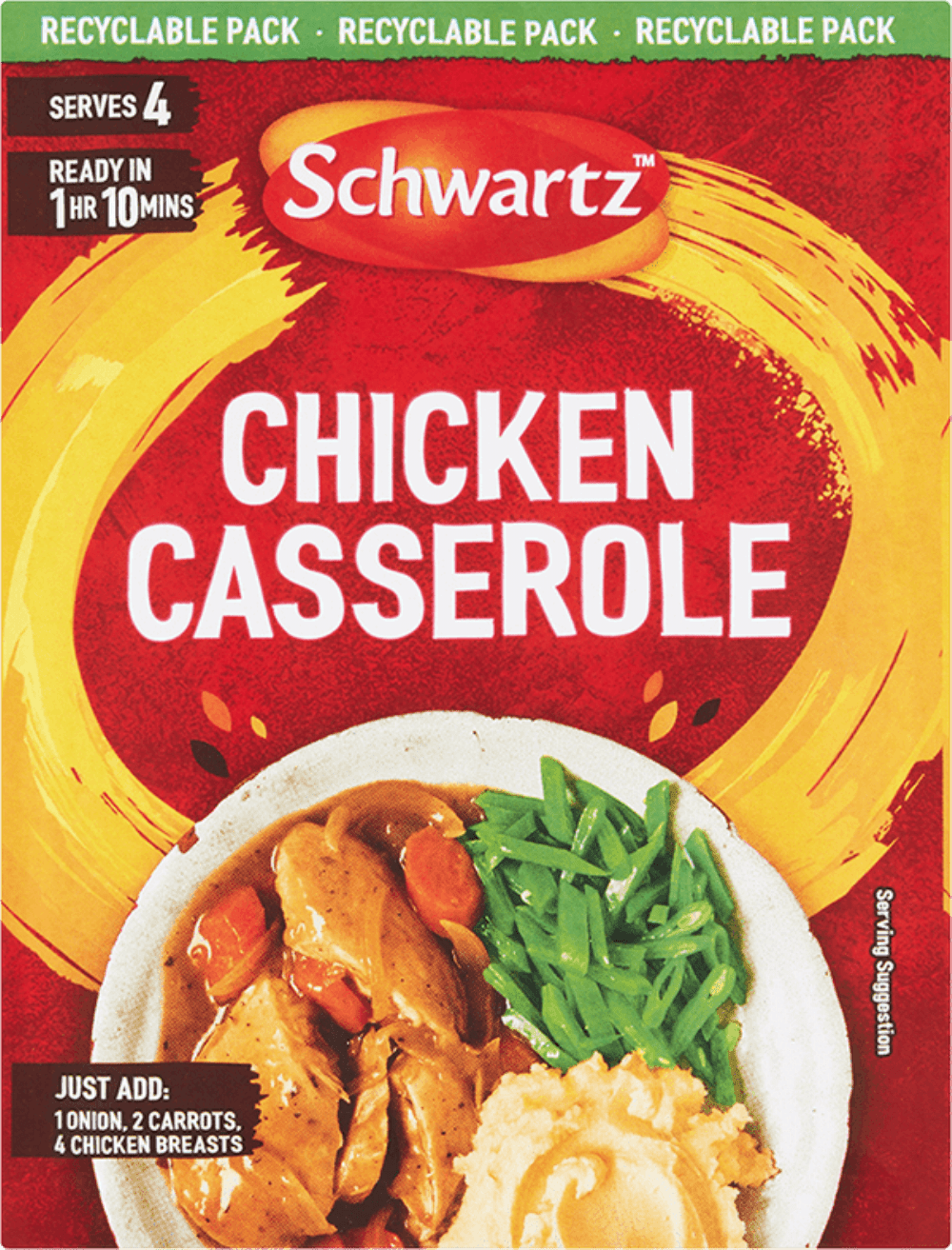 Schwartz Chicken Casserole packaging with a red background and yellow circle, featuring chicken, vegetables, and rice.