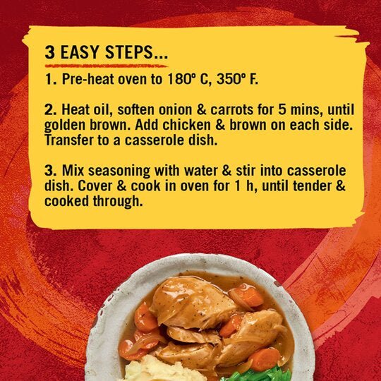 Instructions for a chicken and carrot casserole recipe on a red background with a bowl of the dish.