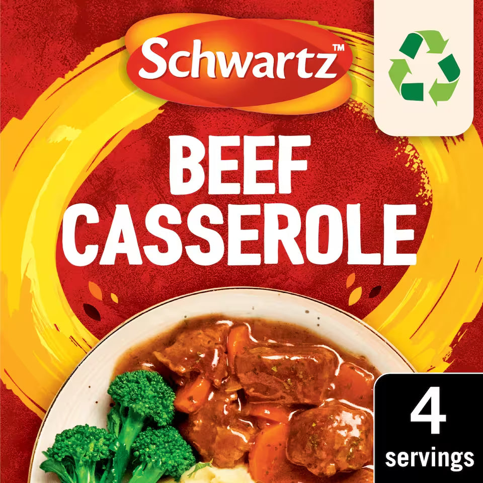 Schwartz Beef Casserole package with a bowl of casserole and broccoli on a red and yellow background.