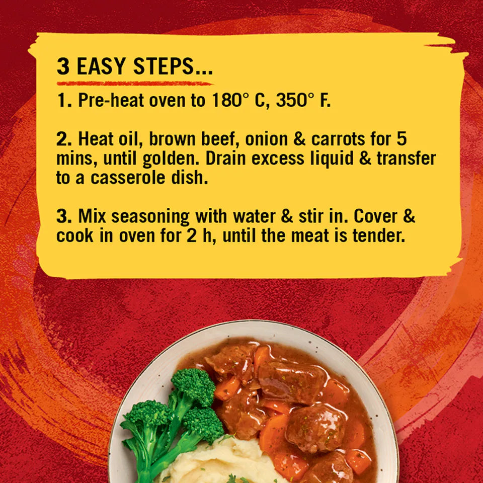 Recipe card with cooking instructions for a beef and vegetable dish on a red background