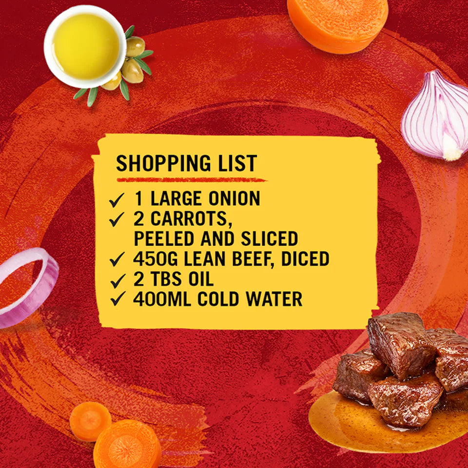 Shopping list for beef stir-fry with ingredients on a red background