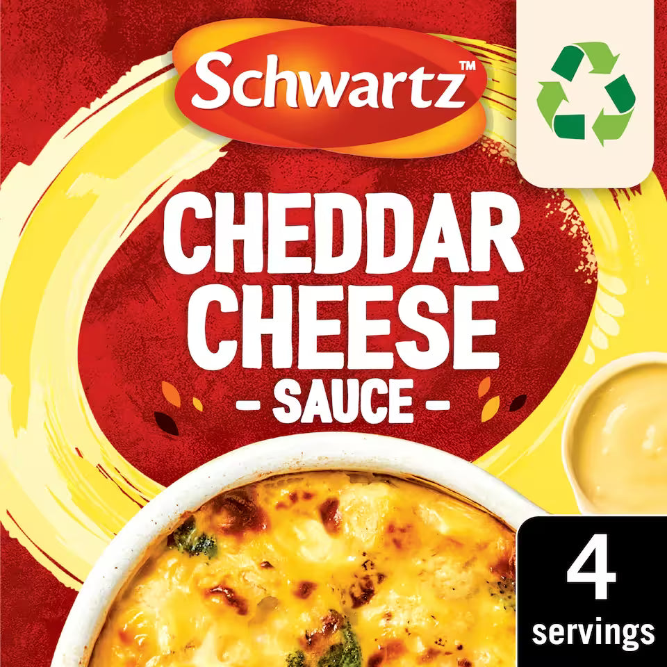 Schwartz Cheddar Cheese Sauce packaging with a bowl of cheese sauce and recycling symbol.