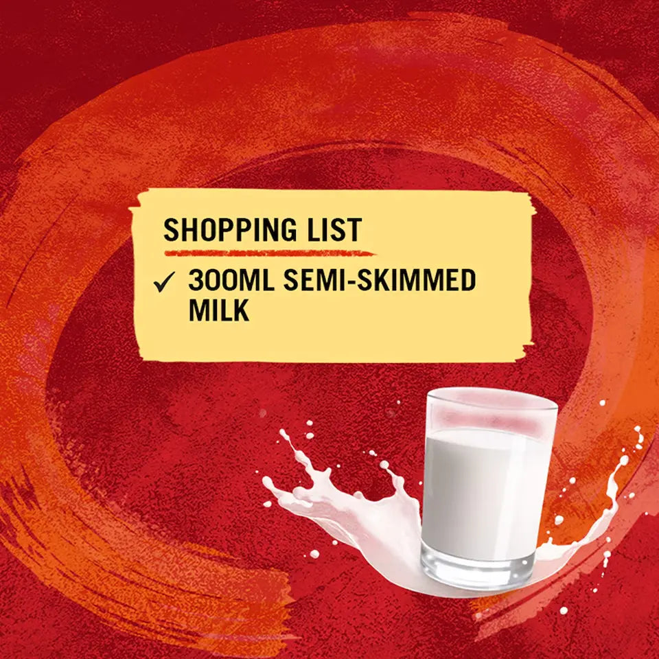 Glass of milk with a shopping list for 300ml semi-skimmed milk on a red background