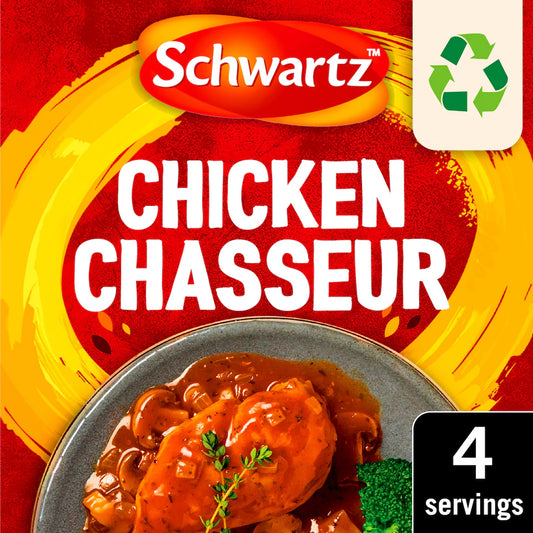 Schwartz Chicken Chasseur packaging with a red and yellow background