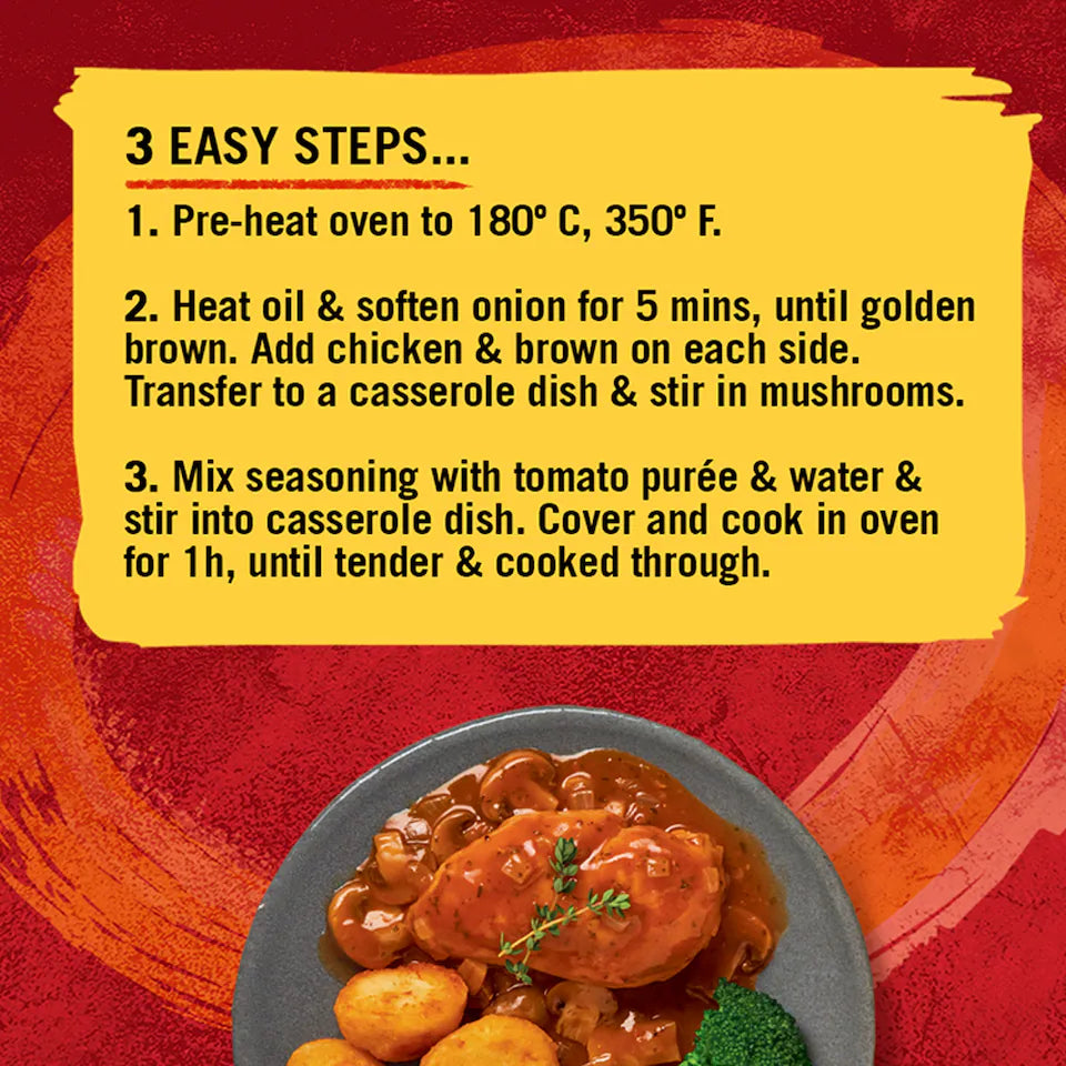 Recipe card with cooking instructions and a dish of chicken and vegetables on a red background