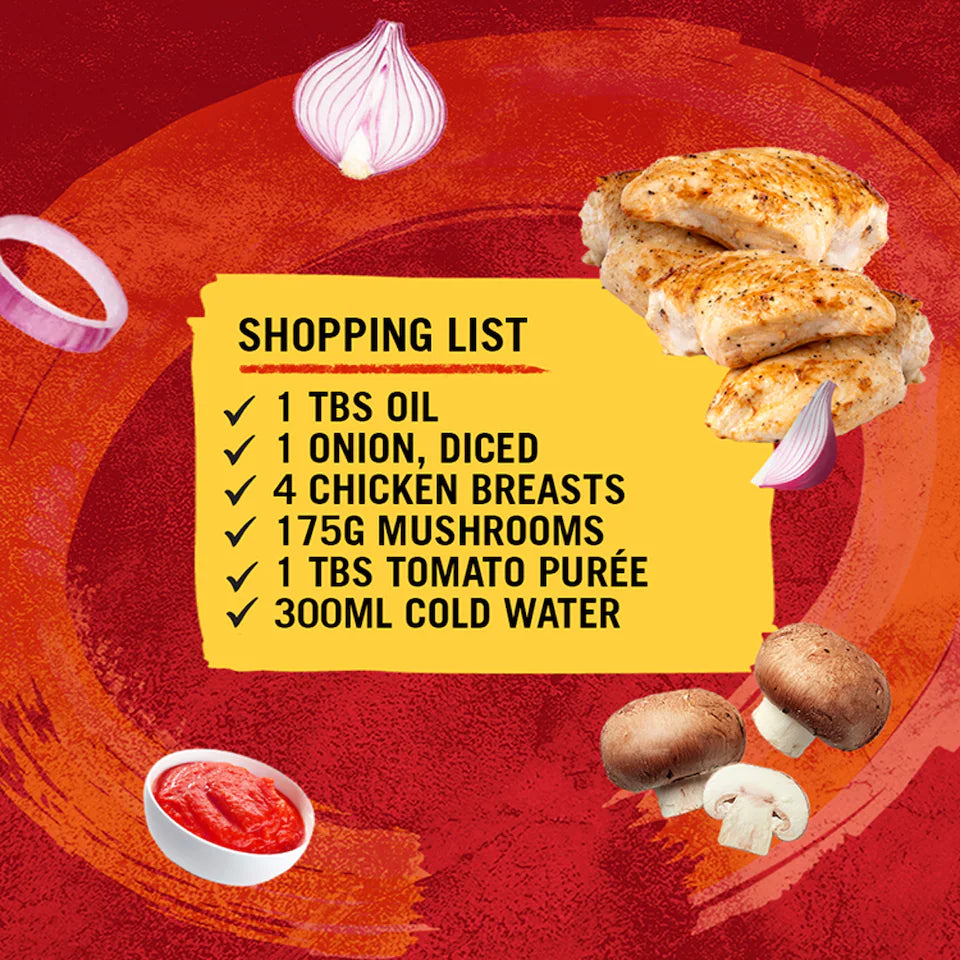Shopping list for chicken dish with ingredients on a red background