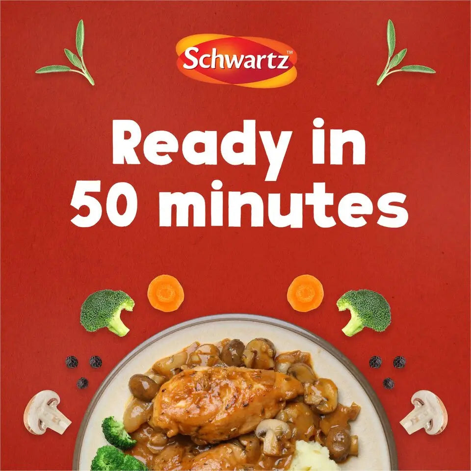 Schwartz food product with chicken dish and vegetables on a red background