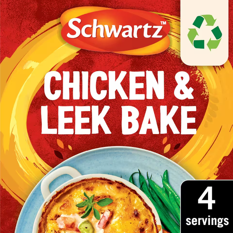 Schwartz Chicken & Leek Bake packaging with a dish and green beans on a red background