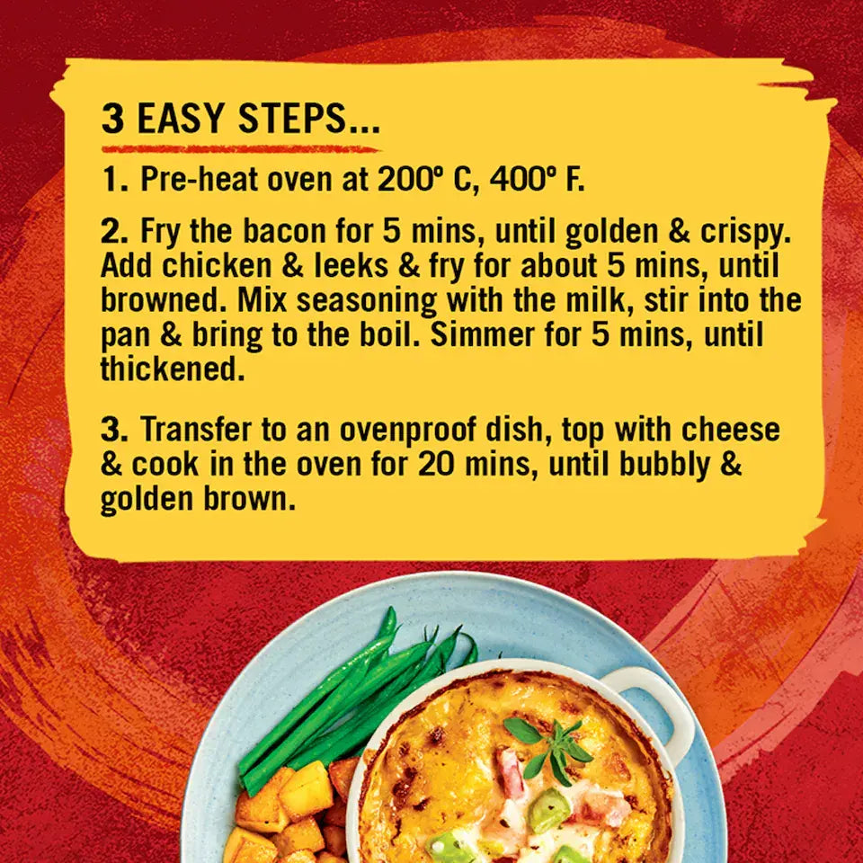 Cooking instructions for a dish with a yellow text box on a red background