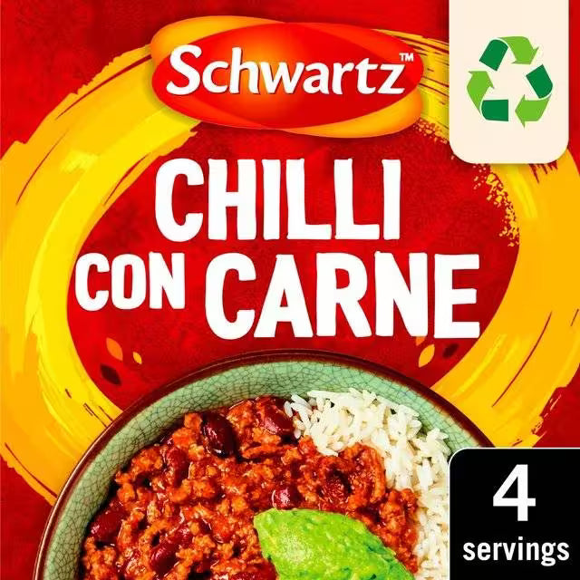 Schwartz Chilli Con Carne packaging with a bowl of chili and rice on a red background