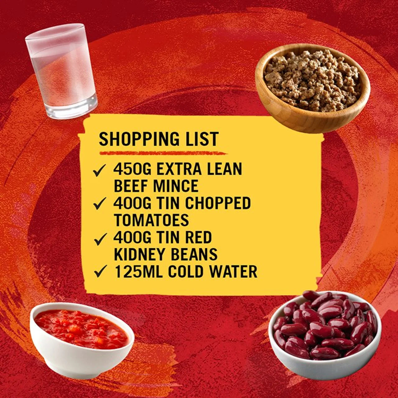 Shopping list for beef mince, chopped tomatoes, red kidney beans, and cold water on a red background with bowls of ingredients.