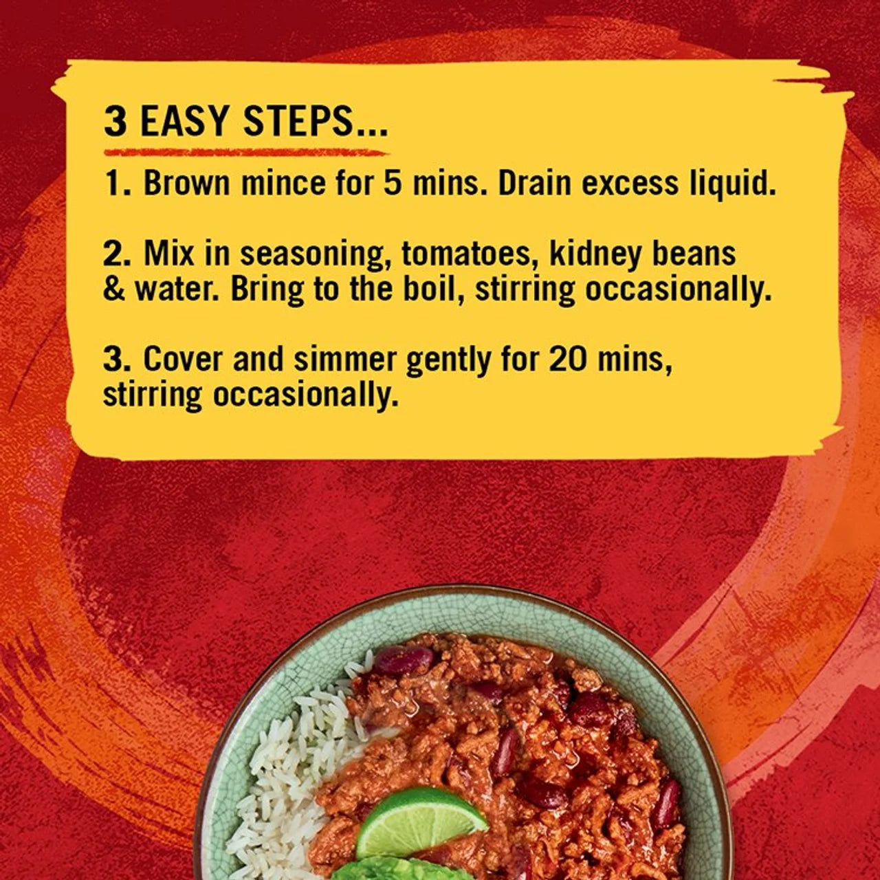 Recipe card with cooking steps and a bowl of chili and rice on a red background