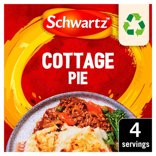 Schwartz Cottage Pie packaging with a red background and food image.