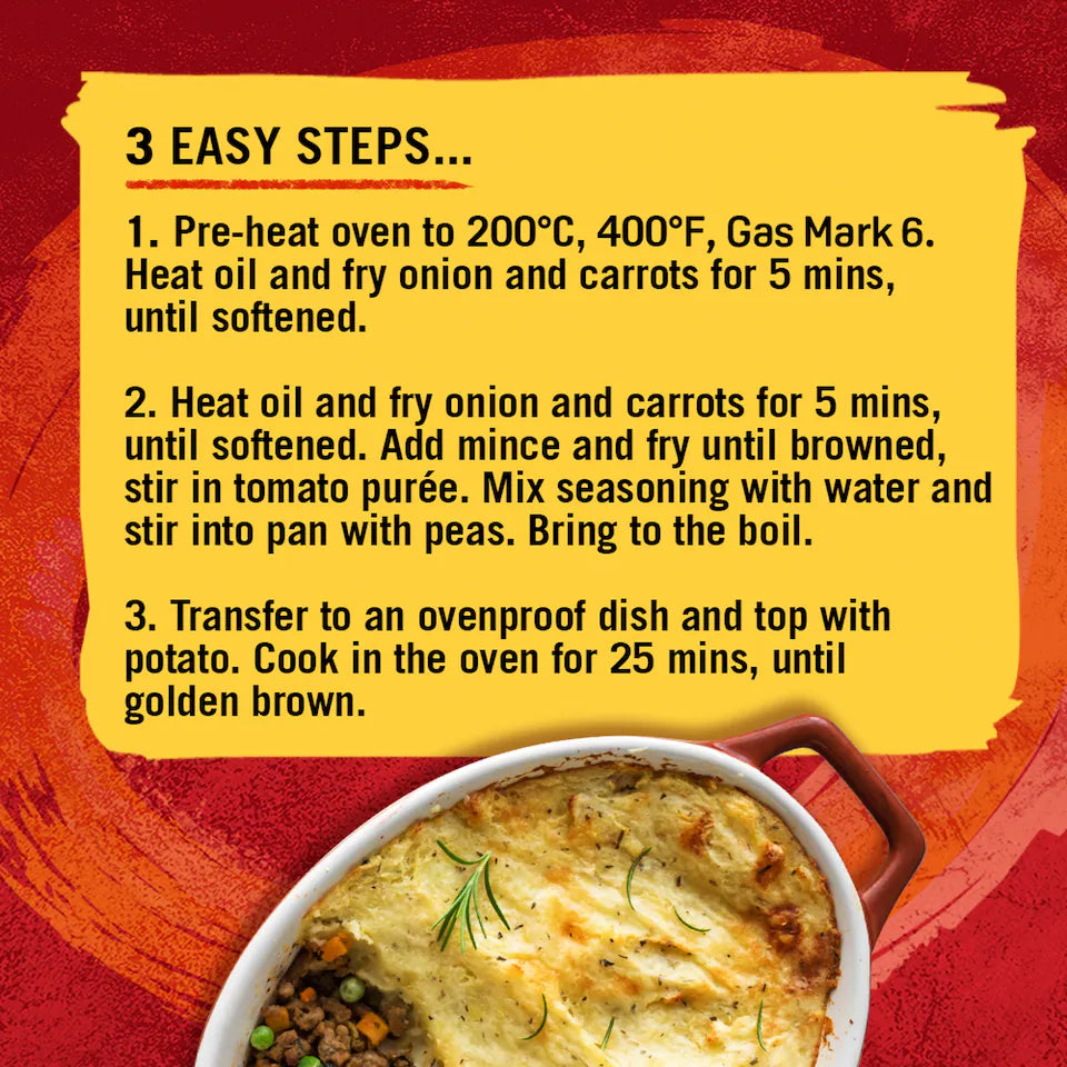Instructions for a recipe with a dish in the foreground on a red background