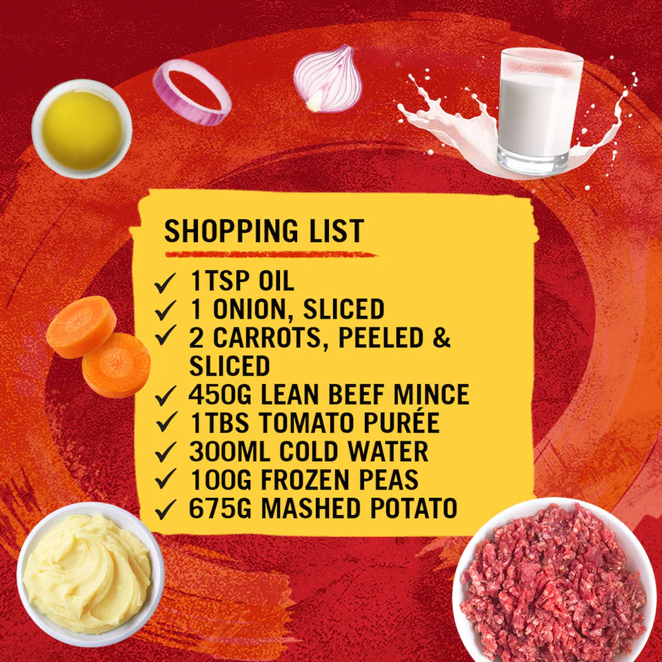 Shopping list for a recipe with ingredients displayed on a red background
