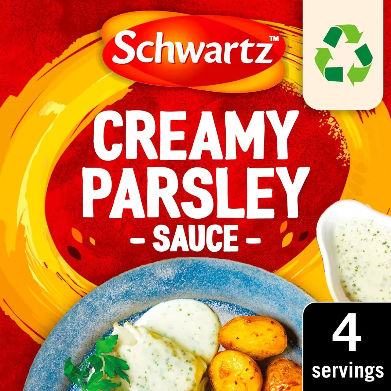 Schwartz creamy parsley sauce packaging with a bowl of food and recycling symbol.