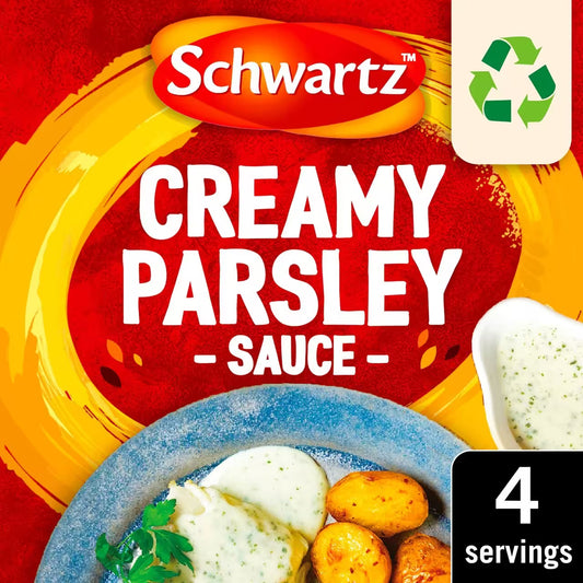 Schwartz creamy parsley sauce packaging with a bowl of food and recycling symbol.
