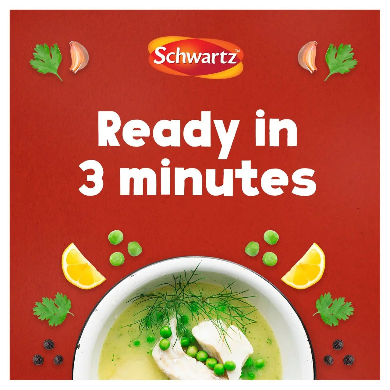 Schwartz seasoning packet with a bowl of soup and text 'Ready in 3 minutes' on a red background.